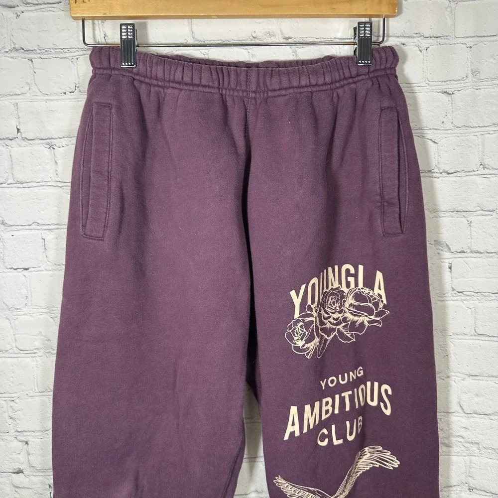 YoungLA Ambitious Club Men Purple Graphic Jogger‎ Sweatpants Small Rose Eagle